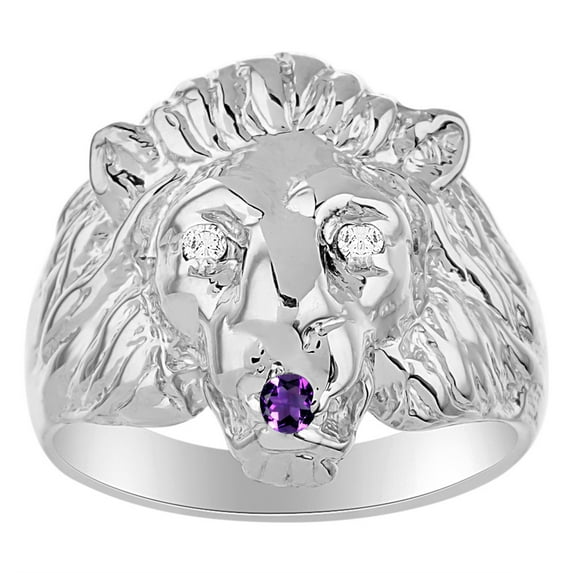 RYLOS Rings Sterling Silver Lion Head Ring Diamonds in Eyes & Gemstone Mouth Fun Designer Rings Amethyst Jewelry Size 6