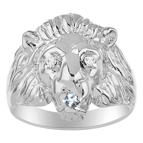 RYLOS Rings Sterling Silver Lion Head Ring Diamonds in Eyes & Gemstone Mouth Fun Designer Rings Aquamarine Jewelry Size 13