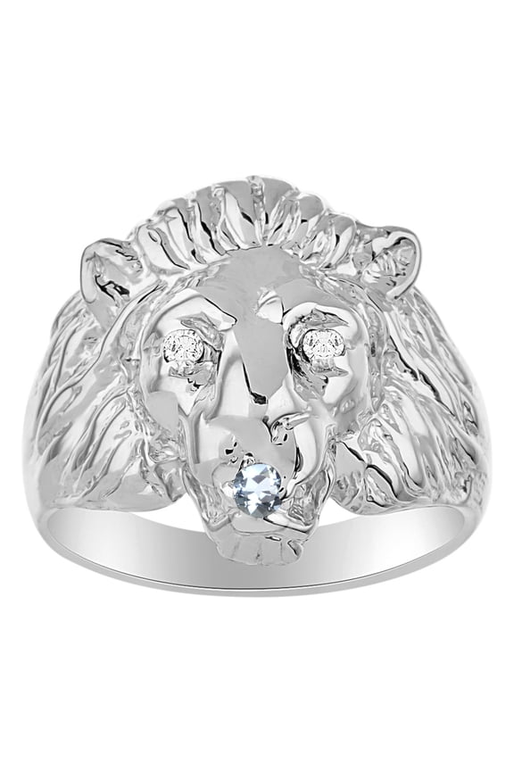 Rings Sterling Silver Lion Head Ring Diamonds in Eyes & Gemstone Mouth Fun Designer Rings Aquamarine Jewelry Size 13