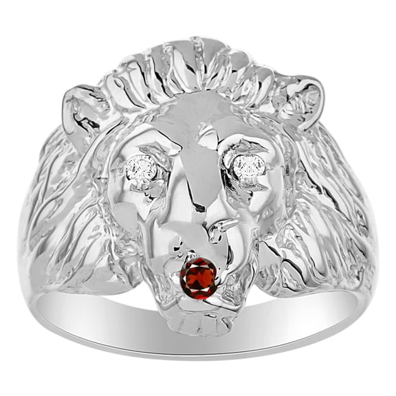 RYLOS Rings Sterling Silver Lion Head Ring Diamonds in Eyes & Gemstone Mouth Fun Designer Rings Garnet Jewelry Size 13