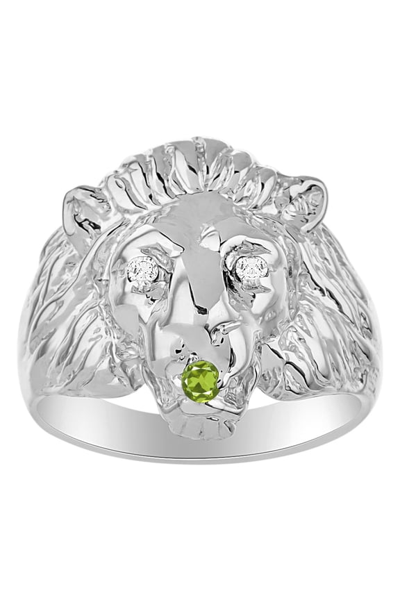 Rings Sterling Silver Lion Head Ring Diamonds in Eyes & Gemstone Mouth Fun Designer Rings Peridot Jewelry Size 13
