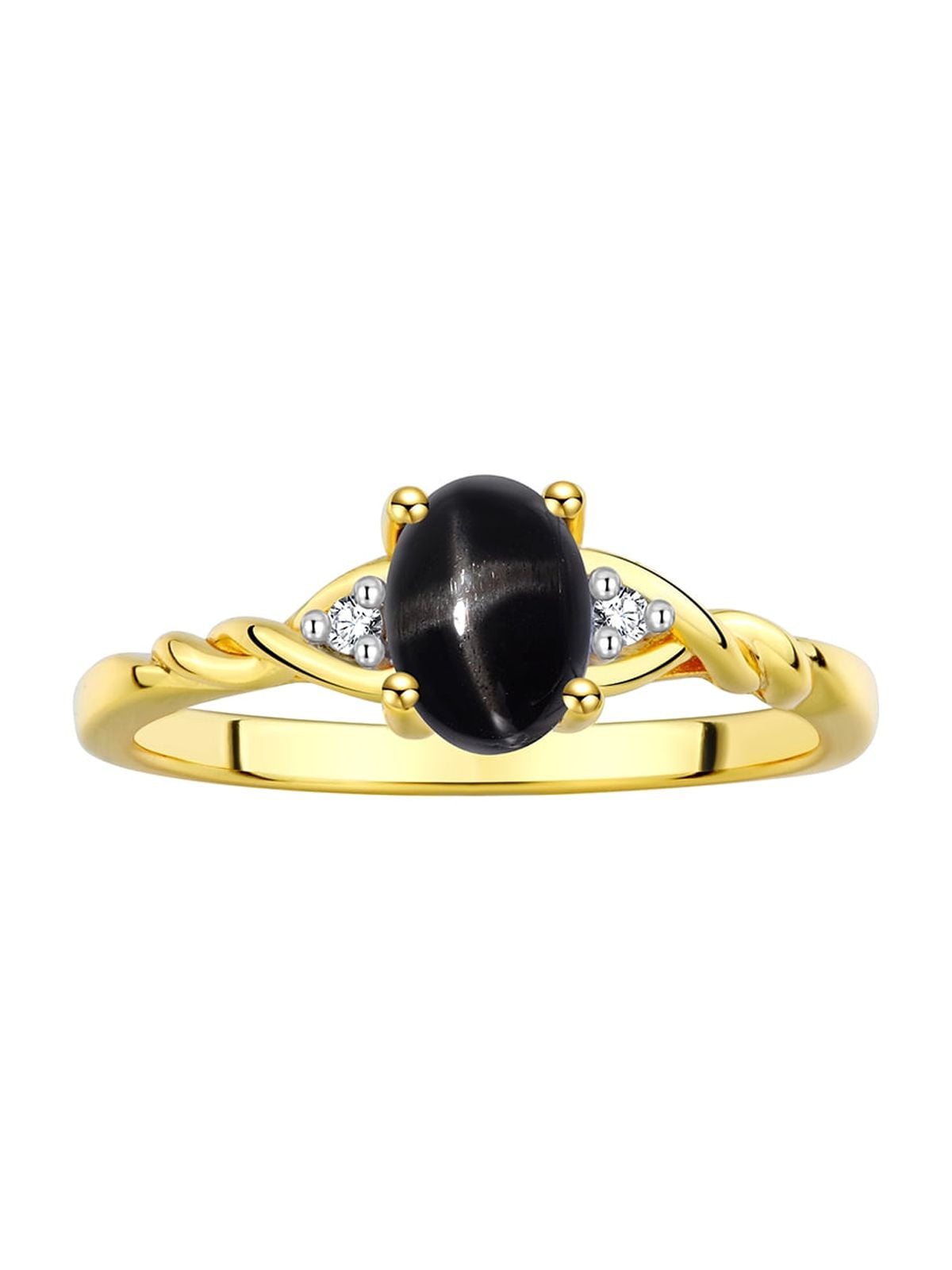 RYLOS Rings for Women 14K Gold Plated Silver Classic Style Birthstone Ring 7X5MM Oval Gemstone & Diamonds Black Star Sapphire Jewelry for Women Size 7