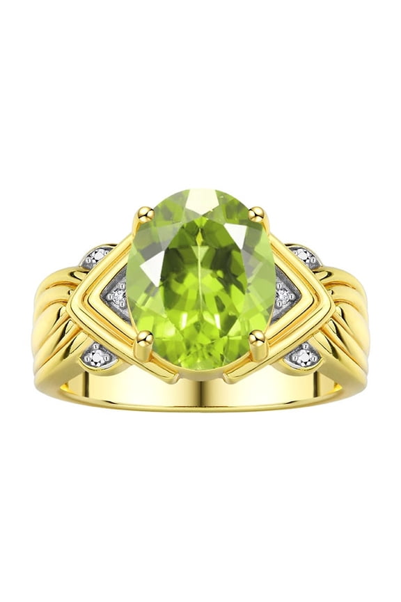 Rings for Women 14K Gold Plated Silver Ring 12X10MM Gemstone & Diamonds Great Ring for Middle or Pointer Finger August Peridot Jewelry Size 9.5