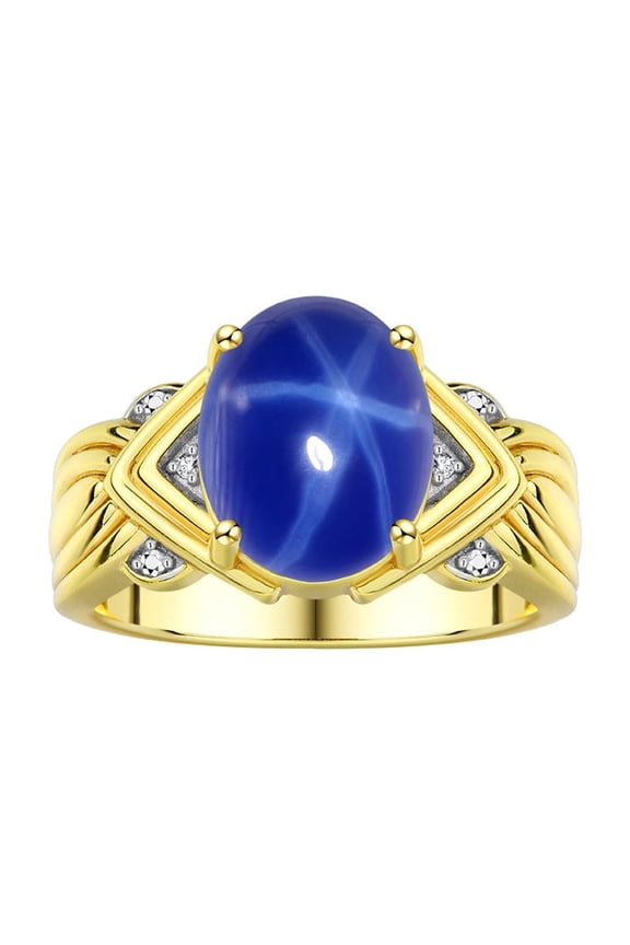 Rings for Women 14K Gold Plated Silver Ring 12X10MM Gemstone & Diamonds Great Ring for Middle or Pointer Finger Blue Star Sapphire Jewelry Size 8
