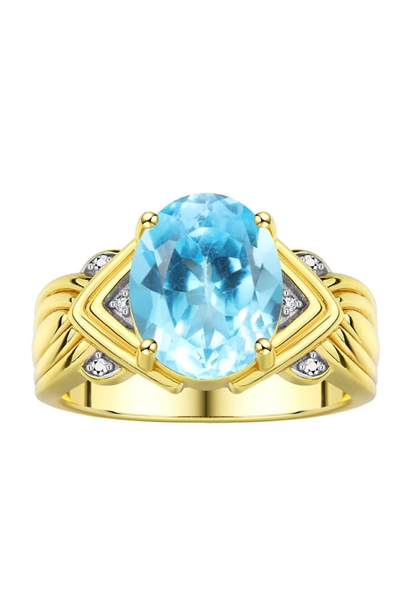 Rings for Women 14K Gold Plated Silver Ring 12X10MM Gemstone & Diamonds Great Ring for Middle or Pointer Finger December Blue Topaz Jewelry Size 7