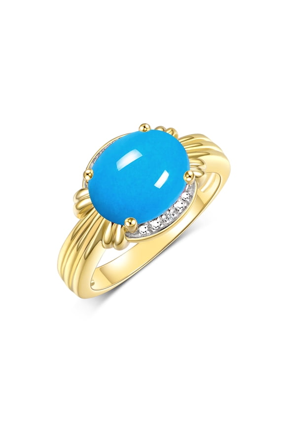 Rings for Women 14K Gold Plated Silver Ring 12X10MM Gemstone & Diamonds Great Ring for Middle or Pointer Finger December Turquoise Jewelry Size 5