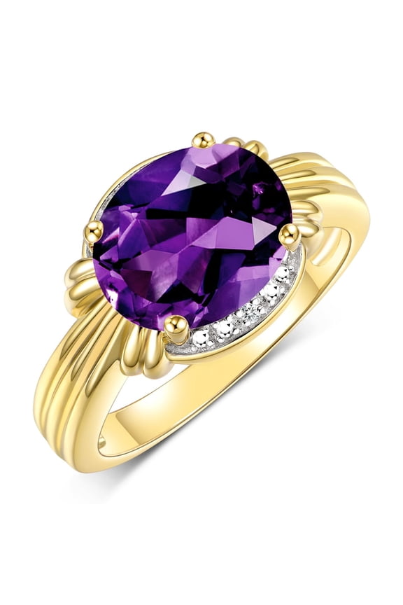 Rings for Women 14K Gold Plated Silver Ring 12X10MM Gemstone & Diamonds Great Ring for Middle or Pointer Finger February Amethyst Jewelry Size 5