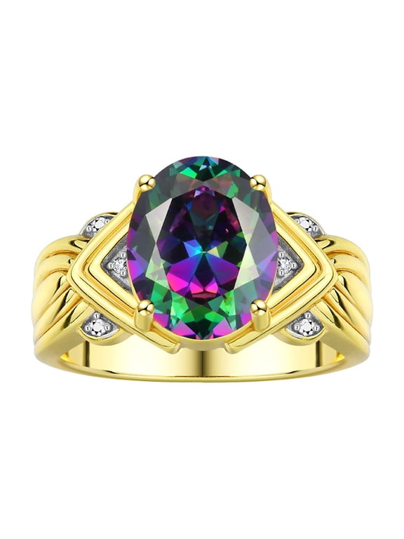 Rings for Women 14K Gold Plated Silver Ring 12X10MM Gemstone & Diamonds Great Ring for Middle or Pointer Finger June Alexandrite Jewelry Size 7