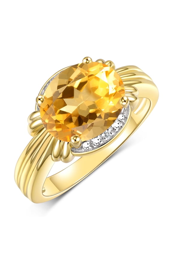 Rings for Women 14K Gold Plated Silver Ring 12X10MM Gemstone & Diamonds Great Ring for Middle or Pointer Finger November Citrine Jewelry Size 9