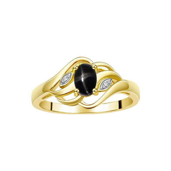 RYLOS Rings for Women 14K Gold Plated Silver Ring Classic Style Birthstone Ring 6X4MM Gemstone & Diamonds Black Star Sapphire Jewelry for Women Size 7
