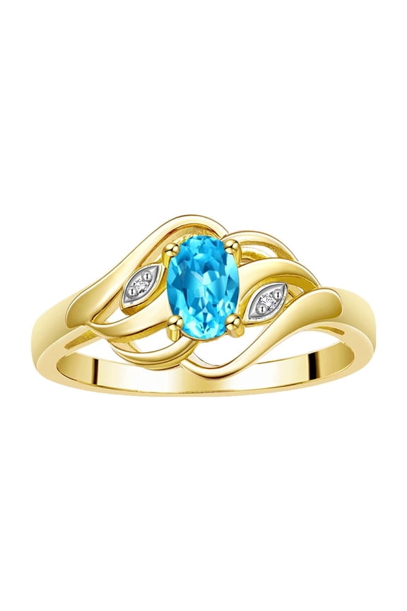 Rings for Women 14K Gold Plated Silver Ring Classic Style Birthstone Ring 6X4MM Gemstone & Diamonds December Blue Topaz Jewelry for Women Size 10
