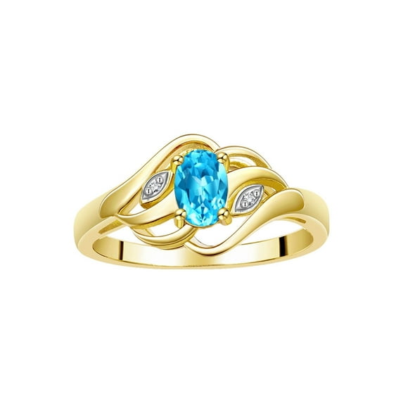 RYLOS Rings for Women 14K Gold Plated Silver Ring Classic Style Birthstone Ring 6X4MM Gemstone & Diamonds December Blue Topaz Jewelry for Women Size 10