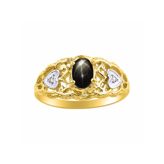 RYLOS Rings for Women 14K Gold Plated Silver Ring Filigree Heart Birthstone Ring 6X4MM Gemstone & Diamonds Black Star Sapphire Jewelry for Women Size 10