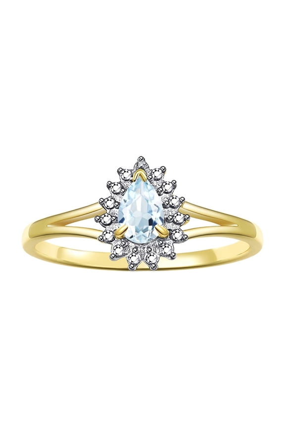 Rings for Women 14K Gold Plated Silver Ring Halo of Diamonds Birthstone Ring 6X4MM Pear Shape Tear Drop Gemstone March Aquamarine Jewelry for Women Size 7