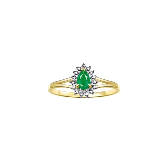 RYLOS Rings for Women 14K Gold Plated Silver Ring Halo of Diamonds Birthstone Ring 6X4MM Pear Shape Tear Drop Gemstone May Emerald Jewelry for Women Ring Size 7