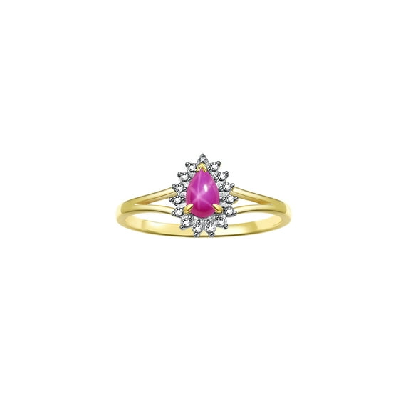 RYLOS Rings for Women 14K Gold Plated Silver Ring Halo of Diamonds Birthstone Ring 6X4MM Pear Shape Tear Drop Gemstone Star Ruby Jewelry for Women Size 10