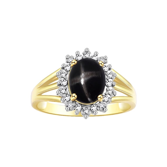 RYLOS Rings for Women 14K Gold Plated Silver Ring Princess Diana Inspired 9X7MM Gemstone & Halo of Diamonds Black Star Sapphire Jewelry for Women Size 7