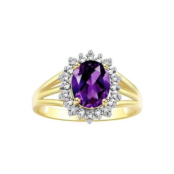 RYLOS Rings for Women 14K Gold Plated Silver Ring Princess Diana Inspired 9X7MM Gemstone & Halo of Diamonds February Amethyst Jewelry for Women Size 5
