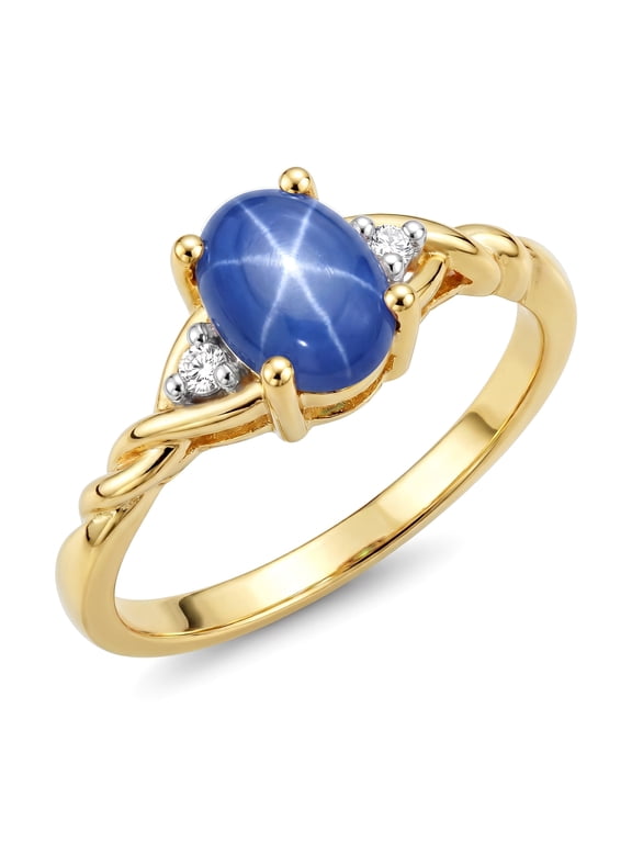 Rings for Women 14K Yellow Gold Classic Style Birthstone Ring 7X5MM Oval Gemstone & Diamonds September Blue Star Sapphire Jewelry for Women Size 6