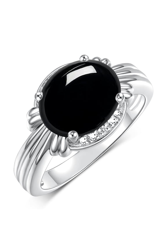 Rings for Women Sterling Silver Ring 12X10MM Gemstone & Diamonds Great Ring for Middle or Pointer Finger October Cabochon Onyx Jewelry Size 10.5