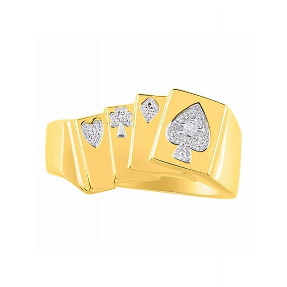 RYLOS Rings Yellow Gold Plated Silver 4 of a Kind Aces; Lucky Poker Royal Flush Ring with Diamonds Designer Jewelry Size 10