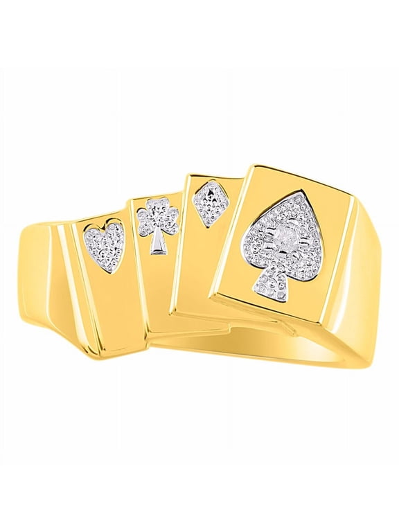 Rings Yellow Gold Plated Silver 4 of a Kind Aces; Lucky Poker Royal Flush Ring with Diamonds Designer Jewelry Size 12