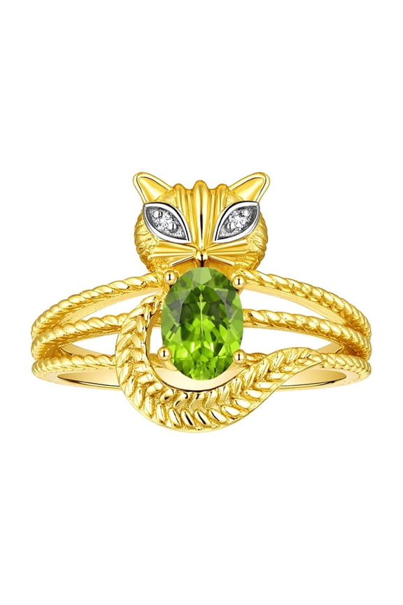 Rings for Women 14K Gold Plated Silver CAT Ring 7X5MM Oval Gemstone & Sparkling Diamonds August Peridot Jewelry Size 6