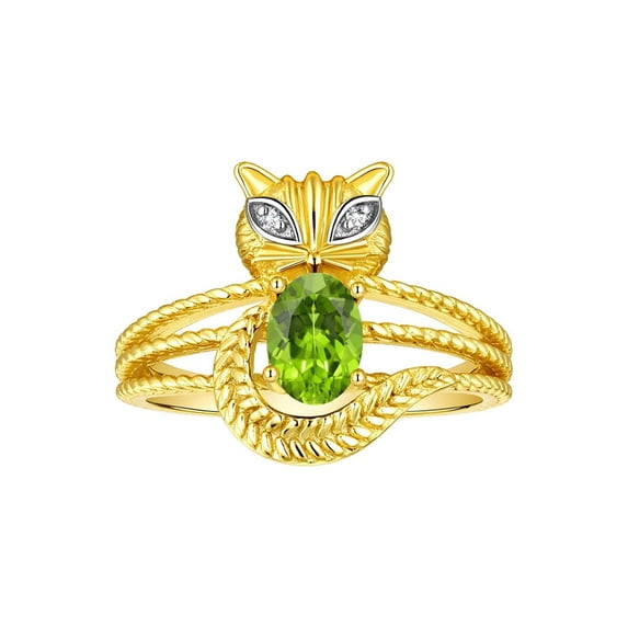 RYLOS Rings for Women 14K Gold Plated Silver CAT Ring 7X5MM Oval Gemstone & Sparkling Diamonds August Peridot Jewelry Size 8