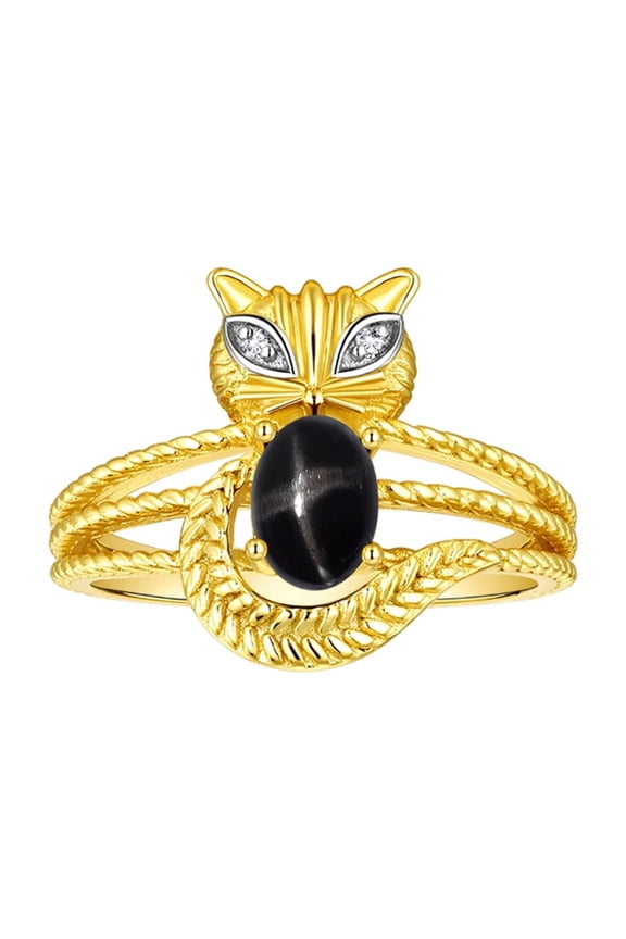 Rings for Women 14K Gold Plated Silver CAT Ring 7X5MM Oval Gemstone & Sparkling Diamonds Black Star Sapphire Jewelry Size 6