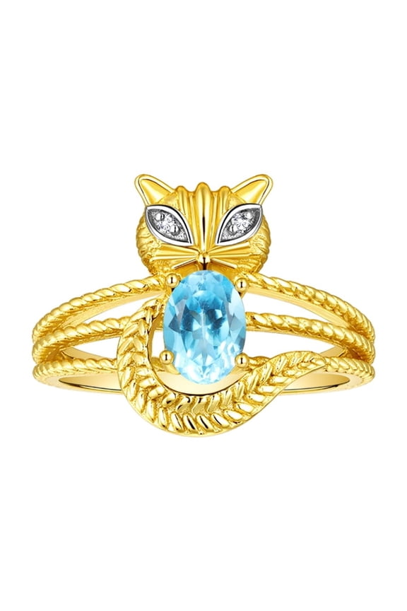 Rings for Women 14K Gold Plated Silver CAT Ring 7X5MM Oval Gemstone & Sparkling Diamonds December Blue Topaz Jewelry Size 10