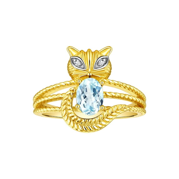 RYLOS Rings for Women 14K Gold Plated Silver CAT Ring 7X5MM Oval Gemstone & Sparkling Diamonds March Aquamarine Jewelry Size 6