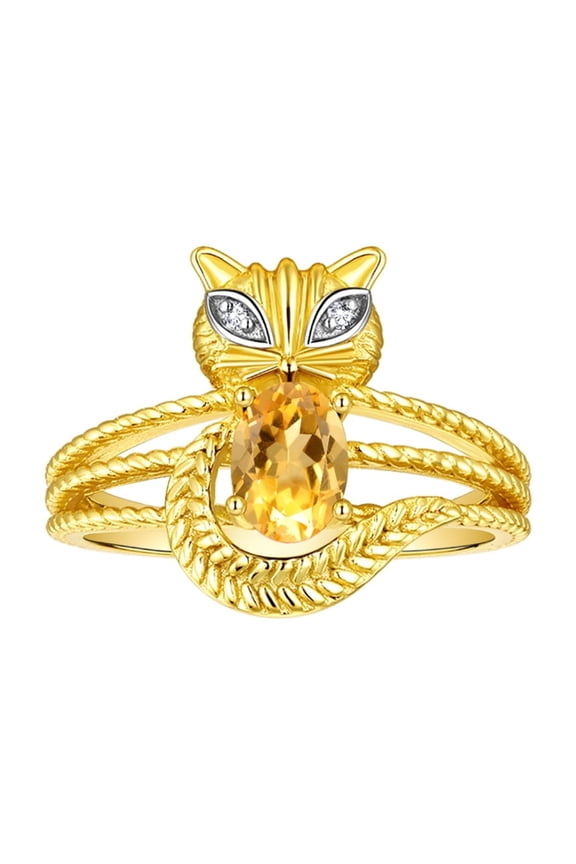 Rings for Women 14K Gold Plated Silver CAT Ring 7X5MM Oval Gemstone & Sparkling Diamonds November Citrine Jewelry Size 8