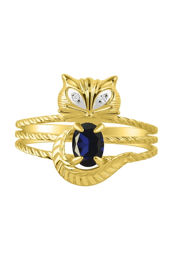 Rings for Women 14K Gold Plated Silver CAT Ring 7X5MM Oval Gemstone & Sparkling Diamonds September Sapphire Jewelry Size 5