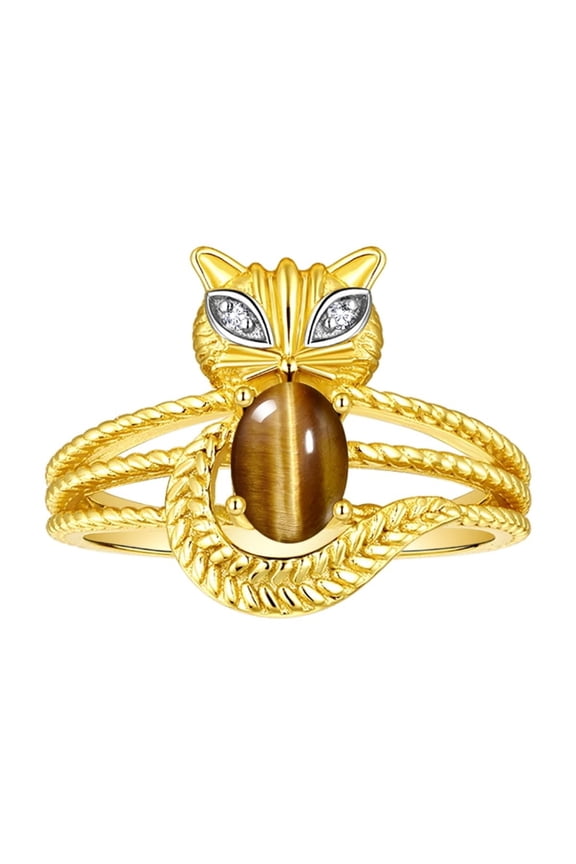 Rings for Women 14K Gold Plated Silver CAT Ring 7X5MM Oval Gemstone & Sparkling Diamonds Tiger Eye Jewelry Size 10