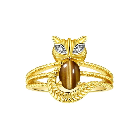 RYLOS Rings for Women 14K Gold Plated Silver CAT Ring 7X5MM Oval Gemstone & Sparkling Diamonds Tiger Eye Jewelry Size 11