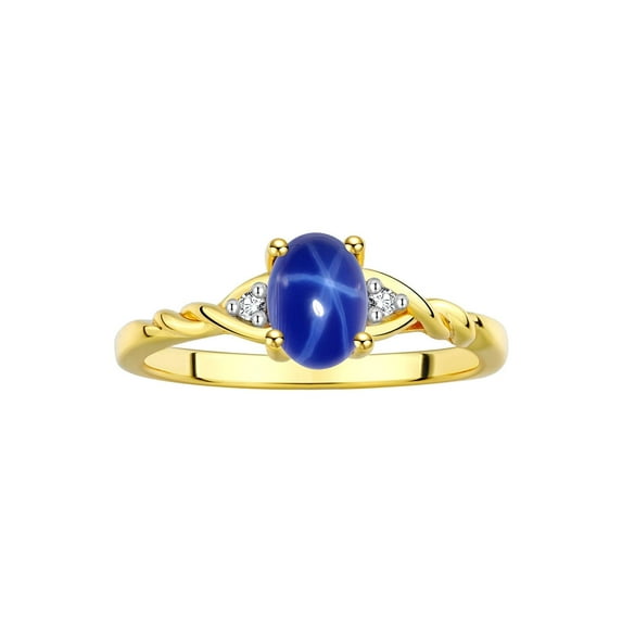 RYLOS Rings for Women 14K Gold Plated Silver Classic Style Birthstone Ring 7X5MM Oval Gemstone & Diamonds Blue Star Sapphire Jewelry for Women Size 6