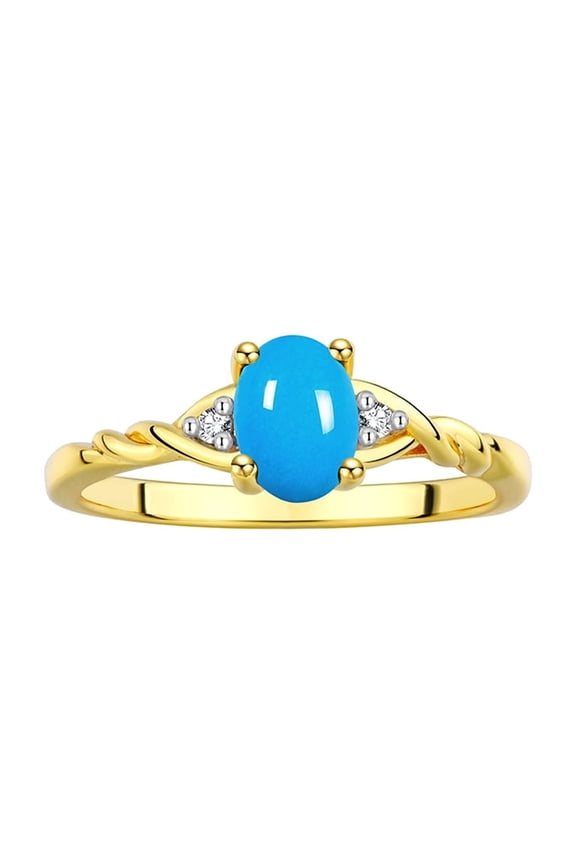 Rings for Women 14K Gold Plated Silver Classic Style Birthstone Ring 7X5MM Oval Gemstone & Diamonds December Turquoise Jewelry for Women Size 6