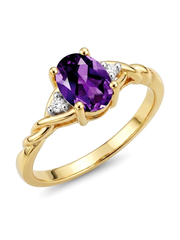 Rings for Women 14K Gold Plated Silver Classic Style Birthstone Ring 7X5MM Oval Gemstone & Diamonds February Amethyst Jewelry for Women Size 5