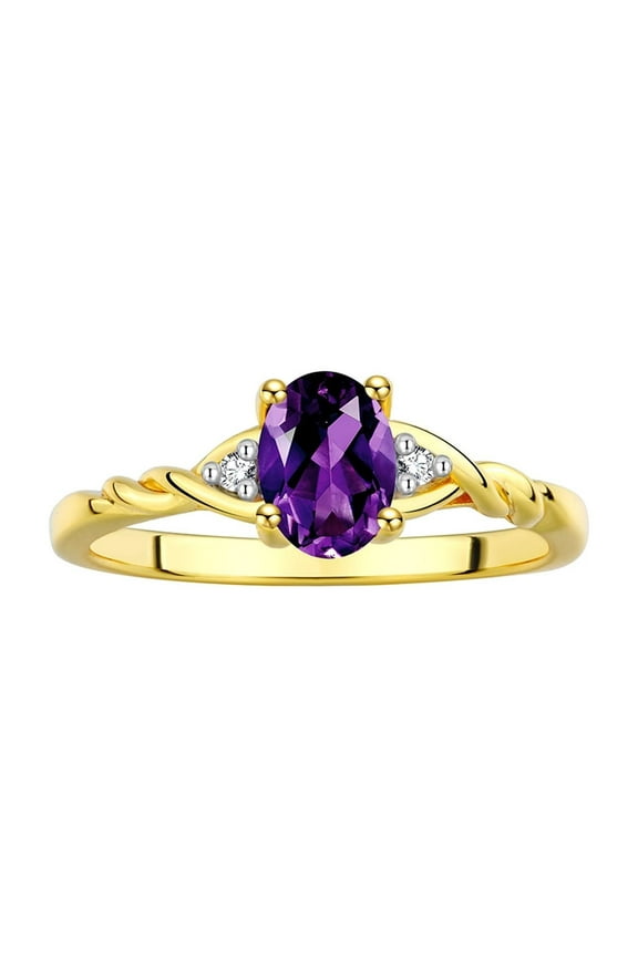 Rings for Women 14K Gold Plated Silver Classic Style Birthstone Ring 7X5MM Oval Gemstone & Diamonds February Amethyst Jewelry for Women Size 7