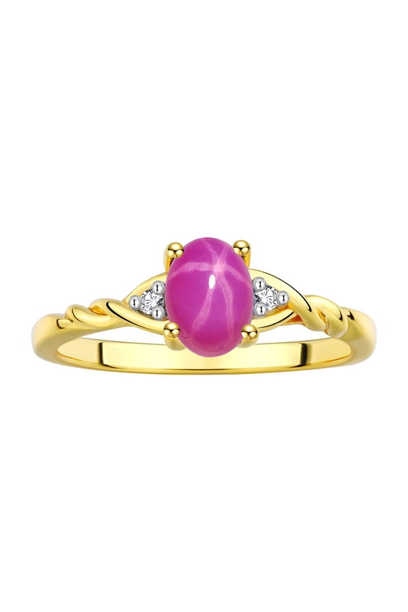 Rings for Women 14K Gold Plated Silver Classic Style Birthstone Ring 7X5MM Oval Gemstone & Diamonds July Star Ruby Jewelry for Women Size 6
