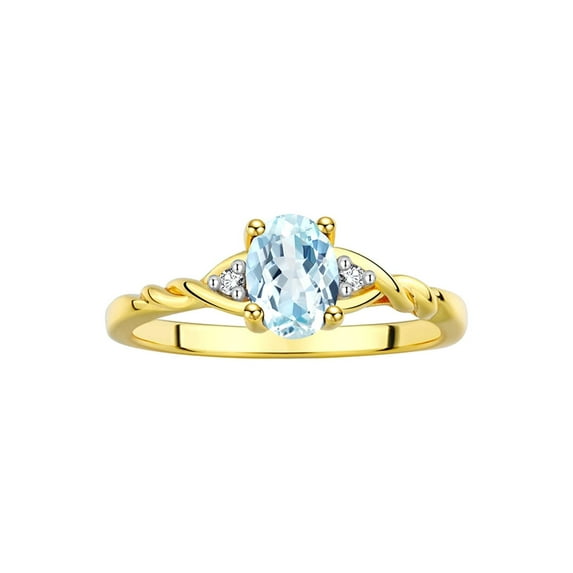 RYLOS Rings for Women 14K Gold Plated Silver Classic Style Birthstone Ring 7X5MM Oval Gemstone & Diamonds March Aquamarine Jewelry for Women Size 10