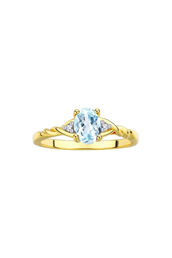 Rings for Women 14K Gold Plated Silver Classic Style Birthstone Ring 7X5MM Oval Gemstone & Diamonds March Aquamarine Jewelry for Women Size 6