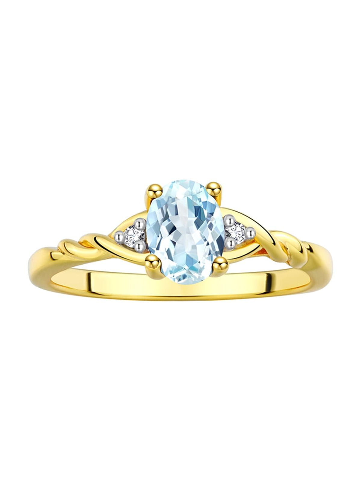 RYLOS Rings for Women 14K Gold Plated Silver Classic Style Birthstone Ring 7X5MM Oval Gemstone & Diamonds March Aquamarine Jewelry for Women Size 7