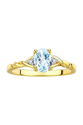 Rings for Women 14K Gold Plated Silver Classic Style Birthstone Ring 7X5MM Oval Gemstone & Diamonds March Aquamarine Jewelry for Women Size 8
