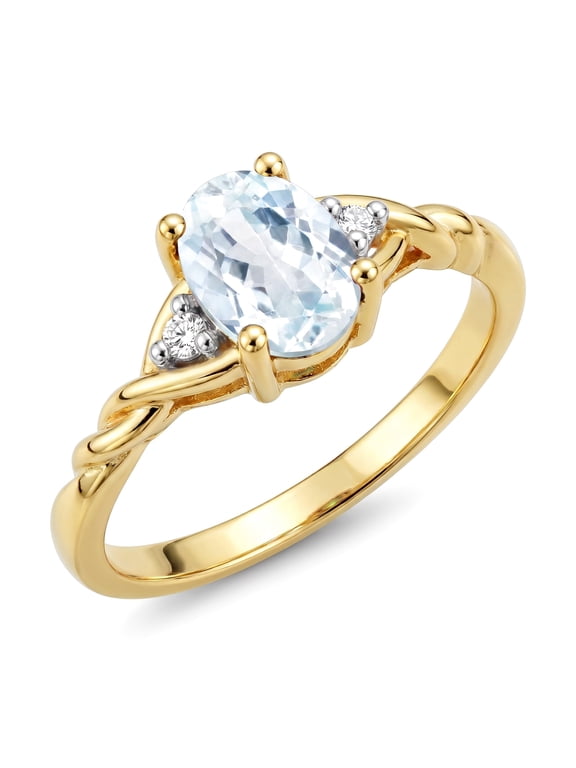 Rings for Women 14K Gold Plated Silver Classic Style Birthstone Ring 7X5MM Oval Gemstone & Diamonds March Aquamarine Jewelry for Women Size 8