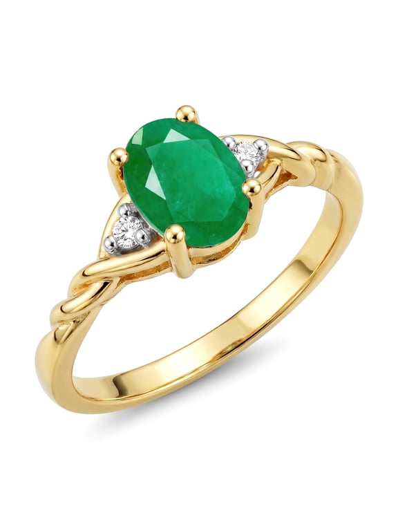 Rings for Women 14K Gold Plated Silver Classic Style Birthstone Ring 7X5MM Oval Gemstone & Diamonds May Emerald Jewelry for Women Size 10