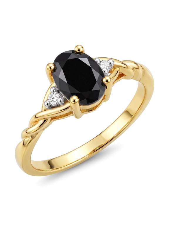 Rings for Women 14K Gold Plated Silver Classic Style Birthstone Ring 7X5MM Oval Gemstone & Diamonds October Onyx Jewelry for Women Size 5