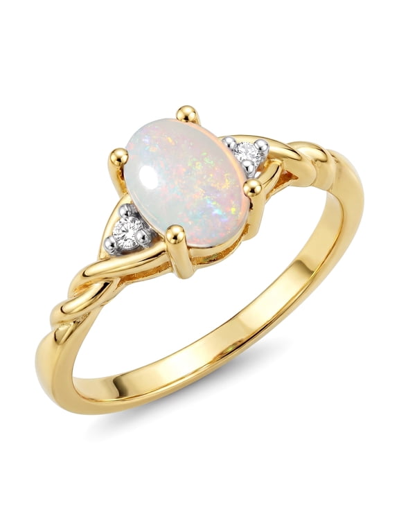 Rings for Women 14K Gold Plated Silver Classic Style Birthstone Ring 7X5MM Oval Gemstone & Diamonds October Opal Jewelry for Women Size 6