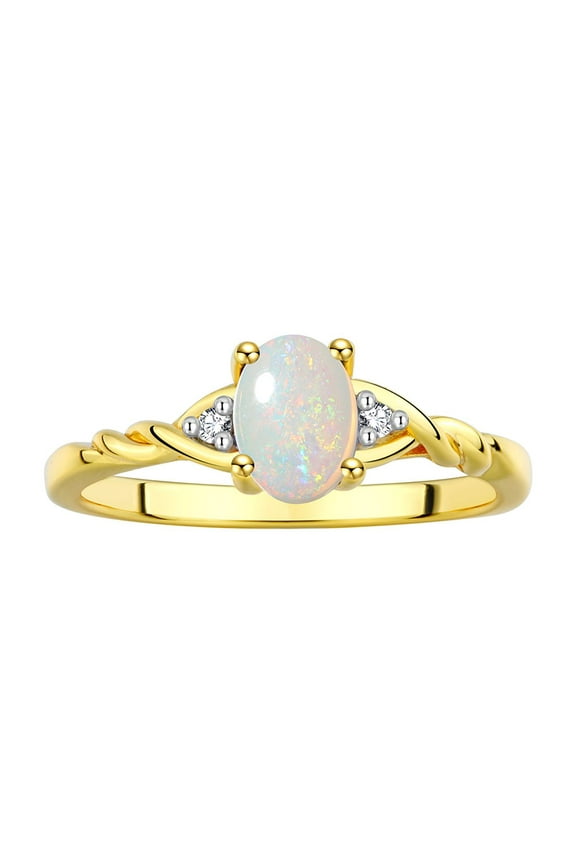 Rings for Women 14K Gold Plated Silver Classic Style Birthstone Ring 7X5MM Oval Gemstone & Diamonds October Opal Jewelry for Women Size 8