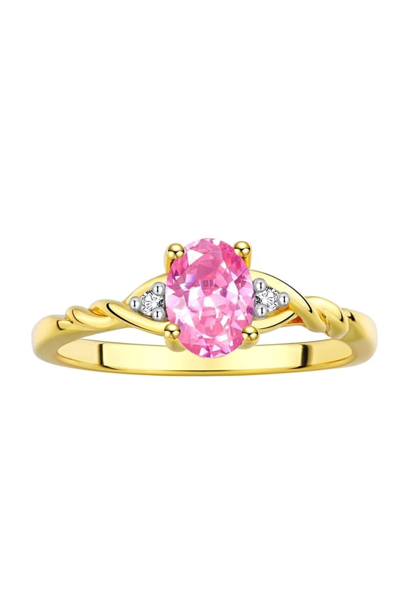 Rings for Women 14K Gold Plated Silver Classic Style Birthstone Ring 7X5MM Oval Gemstone & Diamonds October Pink Ice Jewelry for Women Size 5